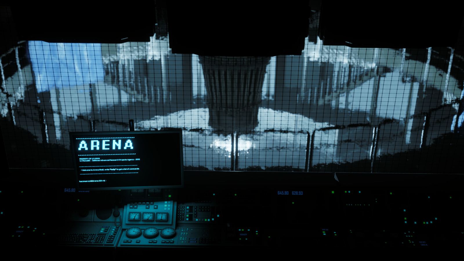 A dark operations room lit by a wall of blue screens, an Arena readout glowing on the far side