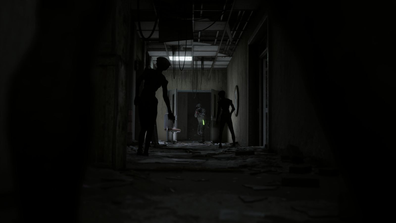 Two silhouettes standing at the end of a flooded hospital corridor, lit from a doorway behind them